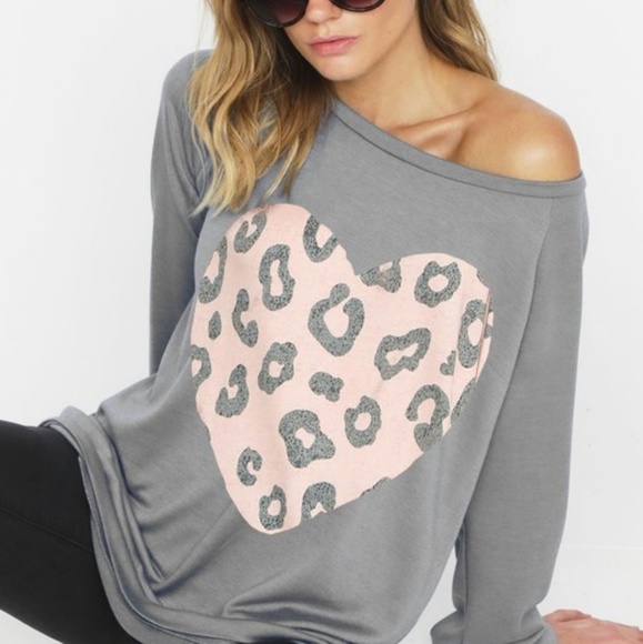 Sweetbb Tops - Last 1!! Leopard Pink Heart Grey Sweatshirt